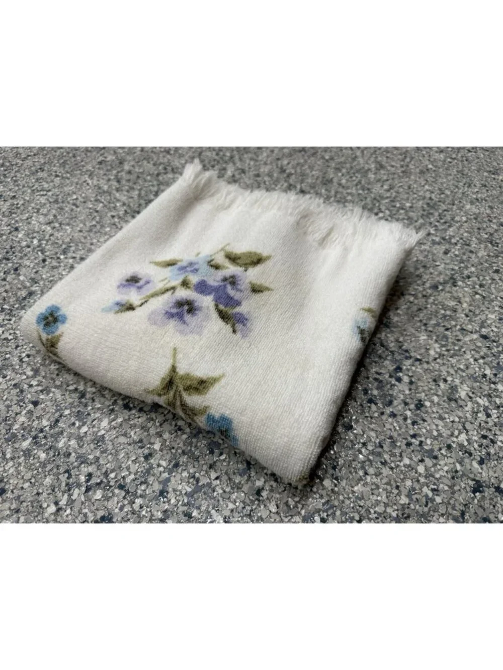 St Marys Vintage Bath Towel Blue Purple Fringe Floral Bath Towel Flowers White